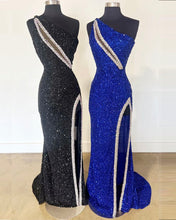 Load image into Gallery viewer, One Shoulder Prom Dresses Sequin Black Royal Blue