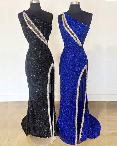 One Shoulder Prom Dresses Sequin Black Royal Blue