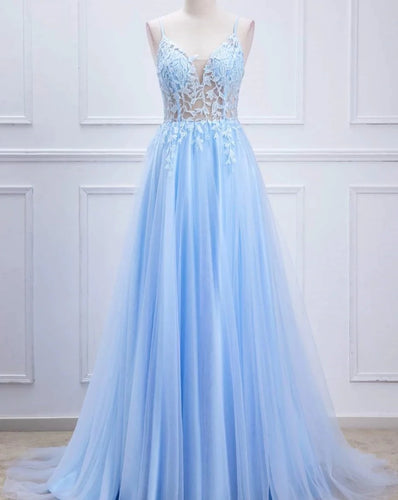 Sky Blue Prom Dresses Tulle with Lace
