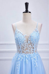 Sky Blue Prom Dresses Tulle with Lace
