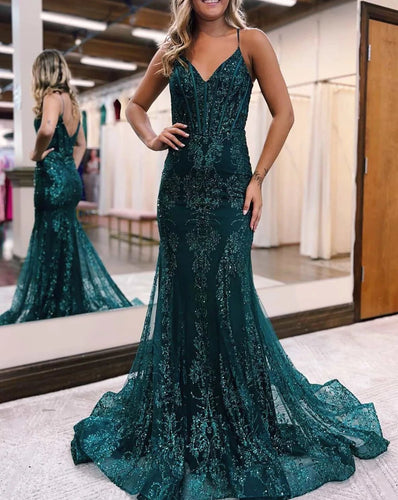Forest Green Prom Dresses with Appliques Lace