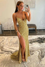Load image into Gallery viewer, Gold Prom Dresses Long Sequin with Slit Side