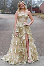 Load image into Gallery viewer, One Shoulder Gold Prom Dresses
