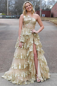 One Shoulder Gold Prom Dresses