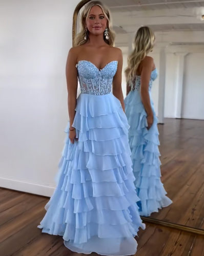 Sky Blue Prom Dresses with Appliques Sweetheart