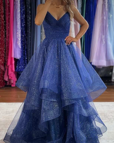 Sparkly Royal Blue Prom Dresses V Neck