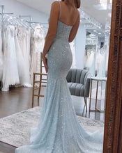 Load image into Gallery viewer, Shiny Light Blue Prom Dress Mermaid Spaghetti Straps Long Beaded