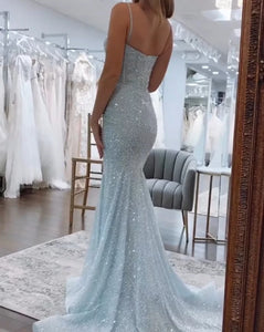 Shiny Light Blue Prom Dress Mermaid Spaghetti Straps Long Beaded