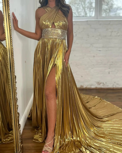 Sparkly Gold Beaded Metallic Long Prom Dress With Slit