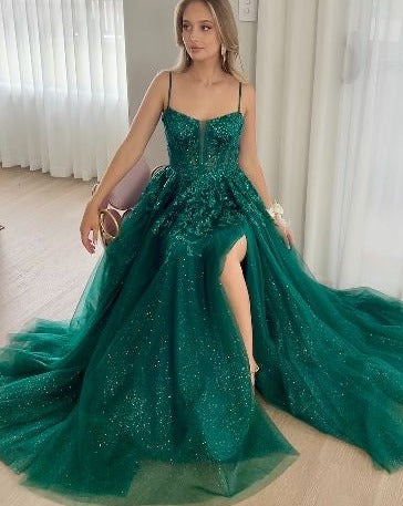 Sparkly Green Prom Dresses Spaghetti Straps with Lace Appliques