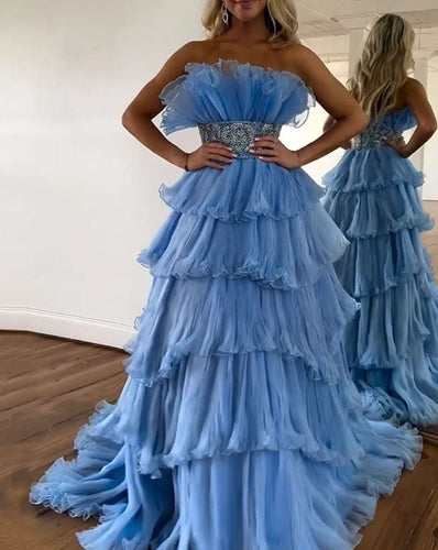 Dusty Blue Prom Dresses Layers Ruffles