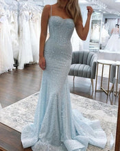 Load image into Gallery viewer, Shiny Light Blue Prom Dress Mermaid Spaghetti Straps Long Beaded