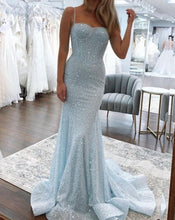 Laden Sie das Bild in den Galerie-Viewer, Shiny Light Blue Prom Dress Mermaid Spaghetti Straps Long Beaded