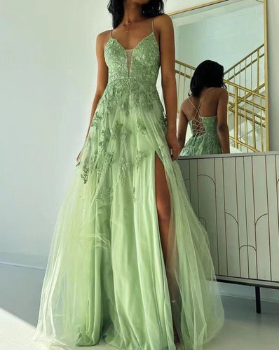 Light Sage Prom Dresses Criss Cross with Lace