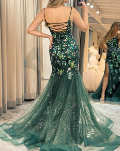 Green Prom Dresses Spaghetti Straps with Appliques Flowers