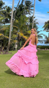 V Neck Pink Prom Dresses Backless