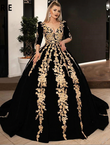 V Neck Black Prom Dresses with Sleeves with Gold Embroidery