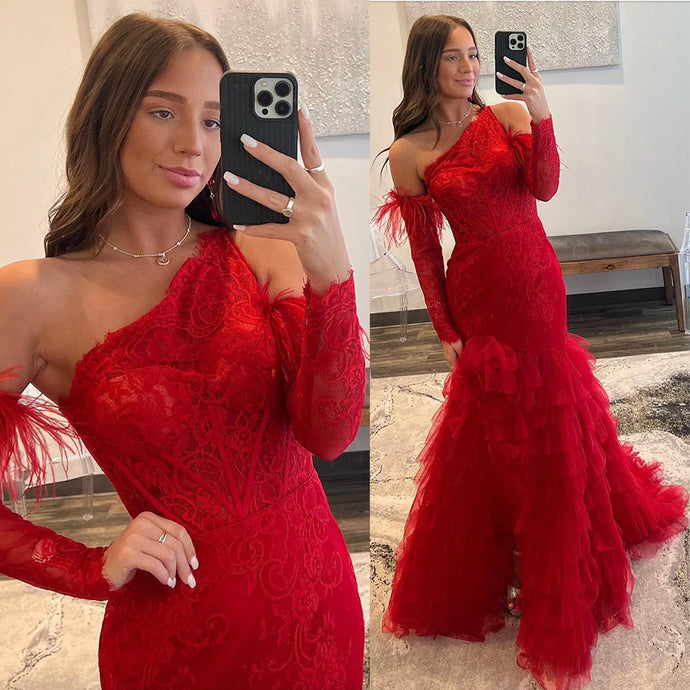 One Shoulder Red Prom Dresses Mermaid