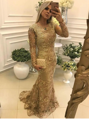 Gold Prom Dresses Sheath with Sleeves