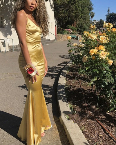 Prom Dresses Gold Mermaid Spaghetti Straps