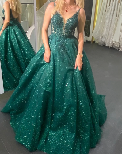 Sparkly Green Prom Dresses with Lace Appliques