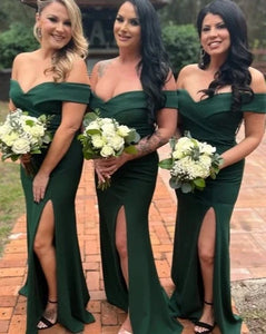 Off Shoulder Bridesmaid Dresses Green Slit Side