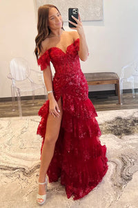 Red Prom Dresses Long Off Shoulder Lace