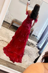 Red Prom Dresses Long Off Shoulder Lace