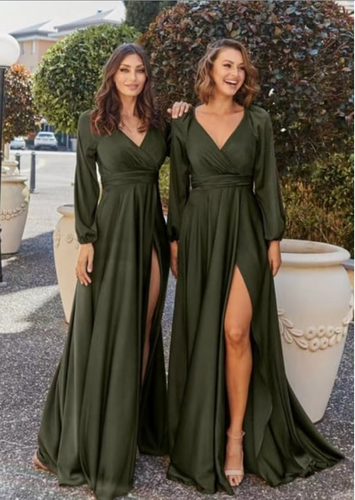 V  Neck Olive Green Bridesmaid Dresses with Full Sleeves