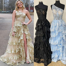Load image into Gallery viewer, One Shoulder Gold Prom Dresses