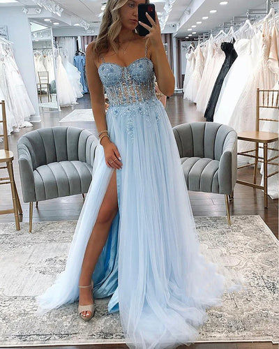 Sky Blue Prom Dresses with Rhinestones