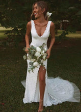 Charger l'image dans la galerie, V Neck Wedding Dresses Bridal Gown Lace Slit Side