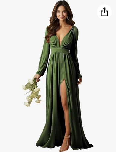 V  Neck Olive Green Bridesmaid Dresses with Full Sleeves