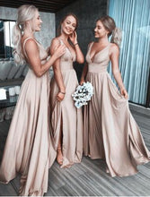 Load image into Gallery viewer, Deep V Neck Split Side Bridesmaid Dresses for Wedding