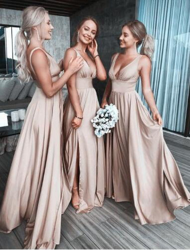 Deep V Neck Split Side Bridesmaid Dresses for Wedding