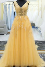 Laden Sie das Bild in den Galerie-Viewer, V Neck Tulle Yellow Prom Dresses Long with Appliques