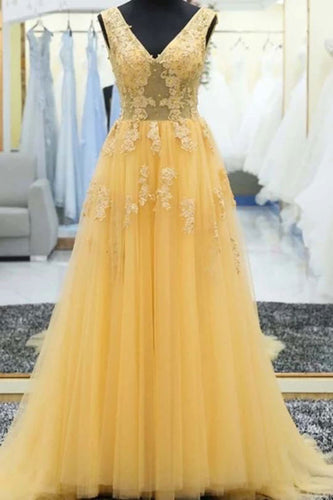 V Neck Tulle Yellow Prom Dresses Long with Appliques