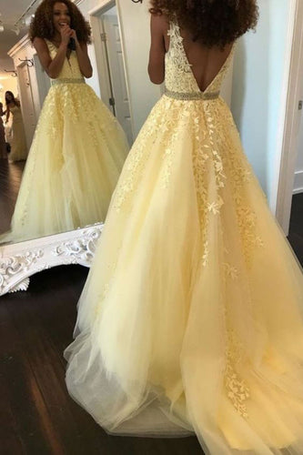 V Neck Yellow Tulle Prom Dresses with Appliques JM008