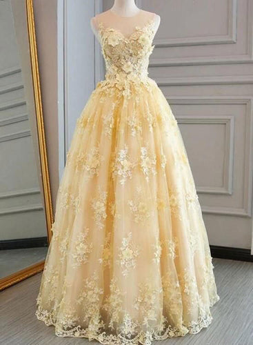 Yellow Tulle Long Prom Dresses with Appliques