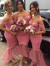 Load image into Gallery viewer, Ankle Legnth Off the Shoulder Mermaid Bridesmaid Dresses