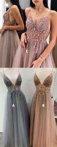 Spaghetti Straps Tulle Long Prom Dresses with Beaded