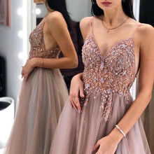 Load image into Gallery viewer, Spaghetti Straps Tulle Long Prom Dresses with Beaded