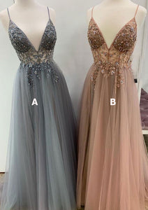 Spaghetti Straps Tulle Long Prom Dresses with Beaded