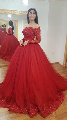 Elegant Tulle Long Prom Dresses with Appliques Long Sleeves