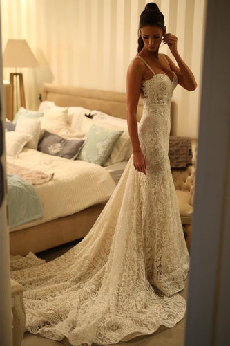 Spaghetti Straps Mermaid Wedding Dresses Bridal Gown with Appliques Beads