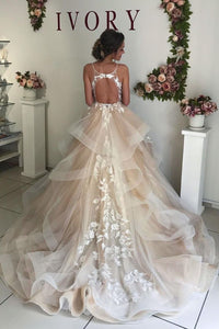 Spaghetti Straps Champagne Wedding Dresses Bridal Gowns with Appliques
