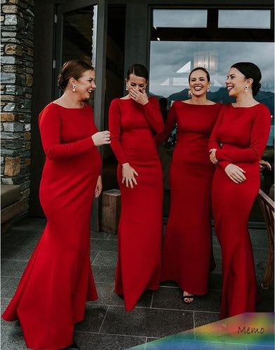 Red Sheath Bridesmaid Dresses with Full Sleeves