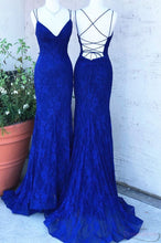 Load image into Gallery viewer, Royal Blue Lace Sheath Prom Dresses Spaghetti Straps