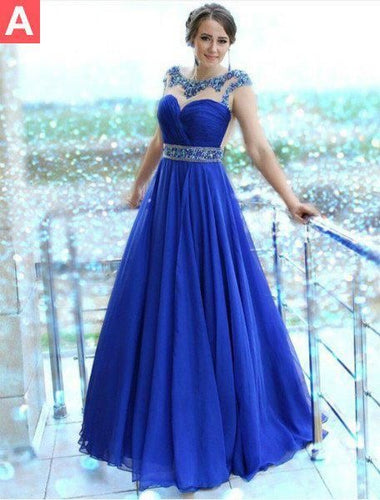 Royal Blue Chiffon Prom Dresses with Rhinestones