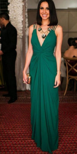 V Neck Green Prom Dresses Chiffon Floor Length
